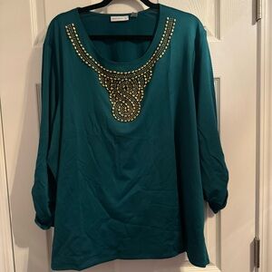 NWOT. Susan Graver Size 3X green Beaded Beautiful Art-to-Wear Blouse